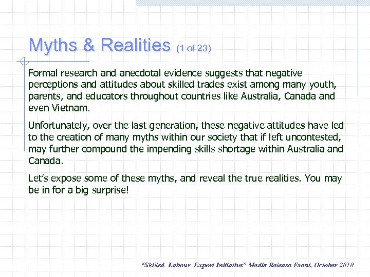 Myths & Realities (1 of 23) Formal research and anecdotal evidence suggests that negative