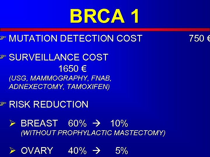 BRCA 1 F MUTATION DETECTION COST F SURVEILLANCE COST 1650 € (USG, MAMMOGRAPHY, FNAB,