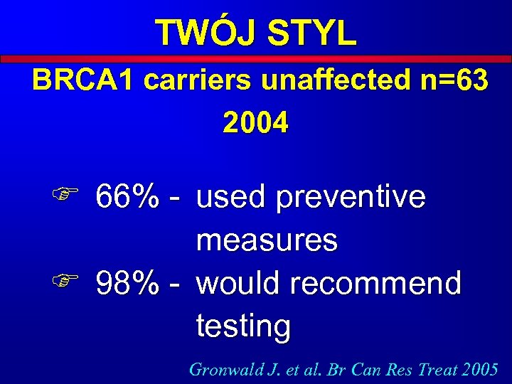 TWÓJ STYL BRCA 1 carriers unaffected n=63 2004 F 66% - used preventive measures