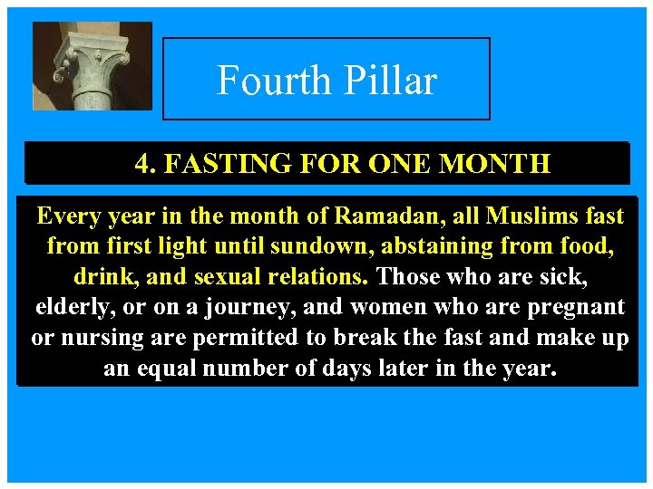 Fourth Pillar 4. FASTING FOR ONE MONTH Every year in the month of Ramadan,