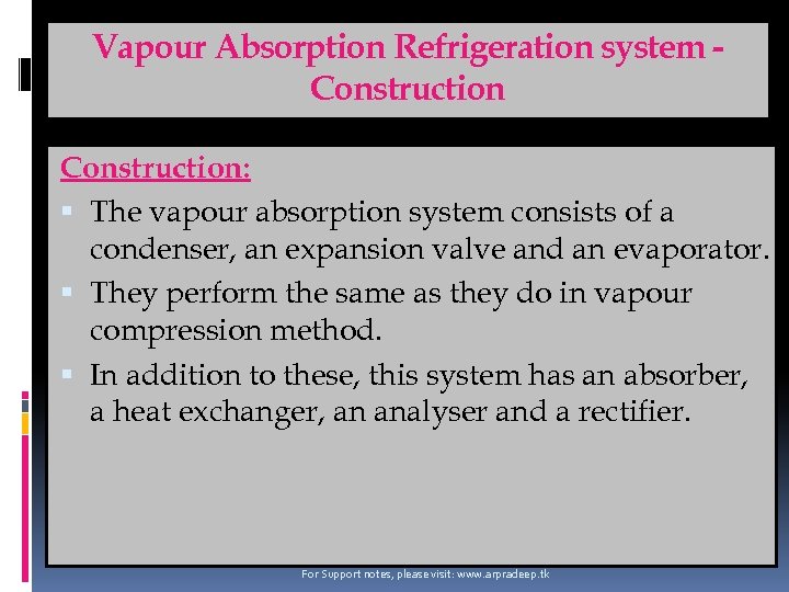 Vapour Absorption Refrigeration system Construction: The vapour absorption system consists of a condenser, an