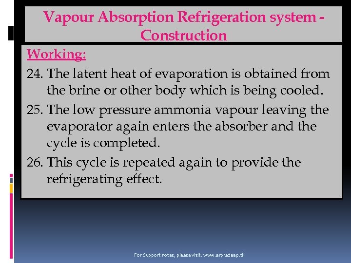 Vapour Absorption Refrigeration system Construction Working: 24. The latent heat of evaporation is obtained