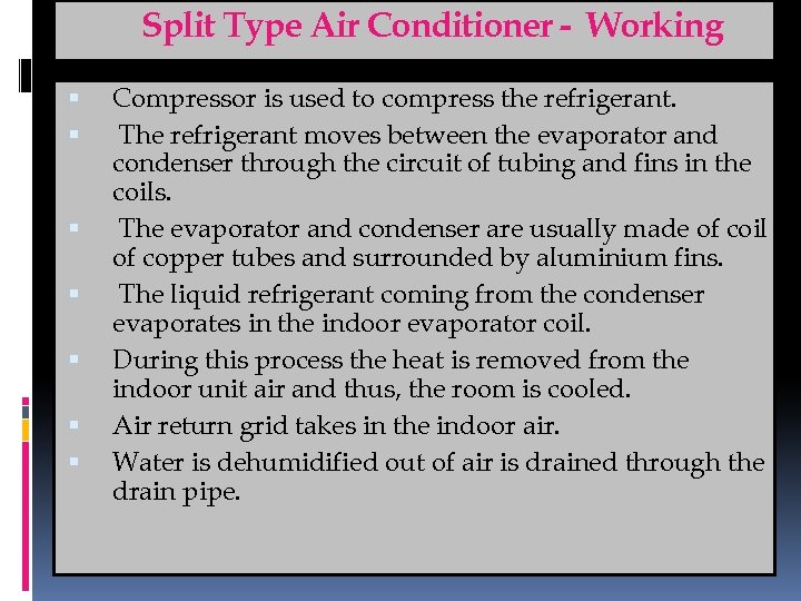 Split Type Air Conditioner - Working Compressor is used to compress the refrigerant. The