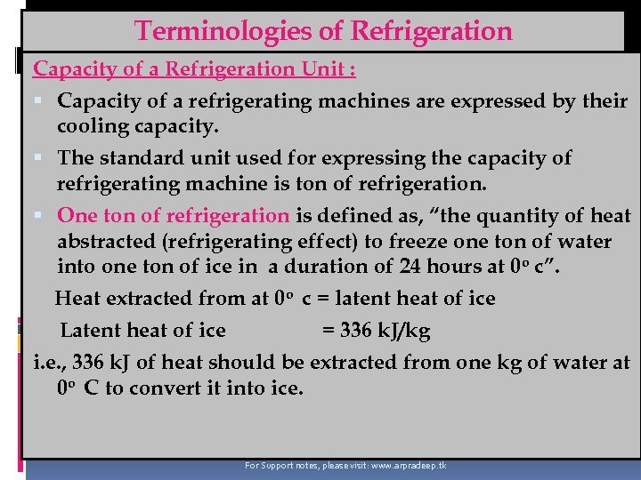 Terminologies of Refrigeration Capacity of a Refrigeration Unit : Capacity of a refrigerating machines