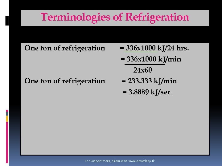 Terminologies of Refrigeration One ton of refrigeration = 336 x 1000 k. J/24 hrs.