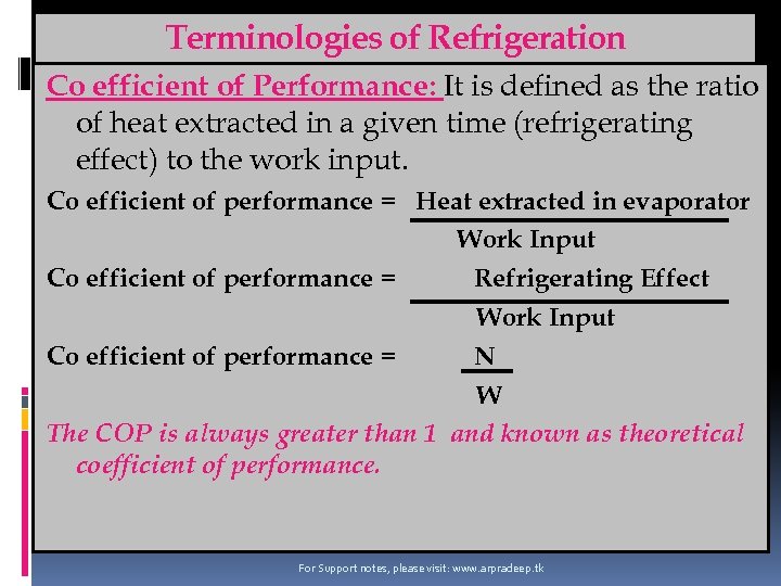 Terminologies of Refrigeration Co efficient of Performance: It is defined as the ratio of