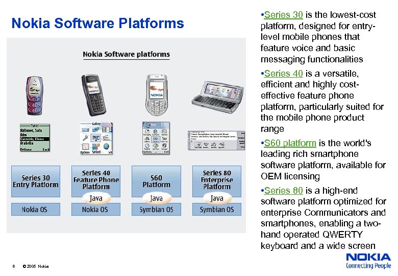 Nokia Software Platforms • Series 30 is the lowest-cost platform, designed for entrylevel mobile