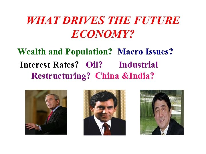 WHAT DRIVES THE FUTURE ECONOMY? Wealth and Population? Macro Issues? Interest Rates? Oil? Industrial