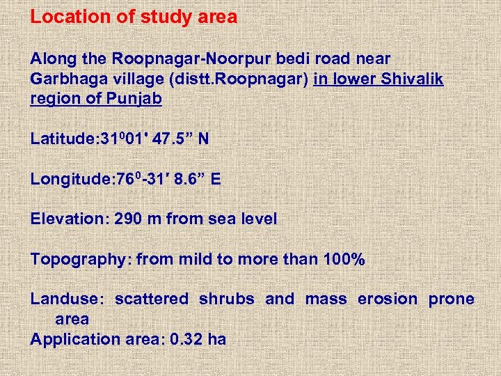 Location of study area Along the Roopnagar-Noorpur bedi road near Garbhaga village (distt. Roopnagar)