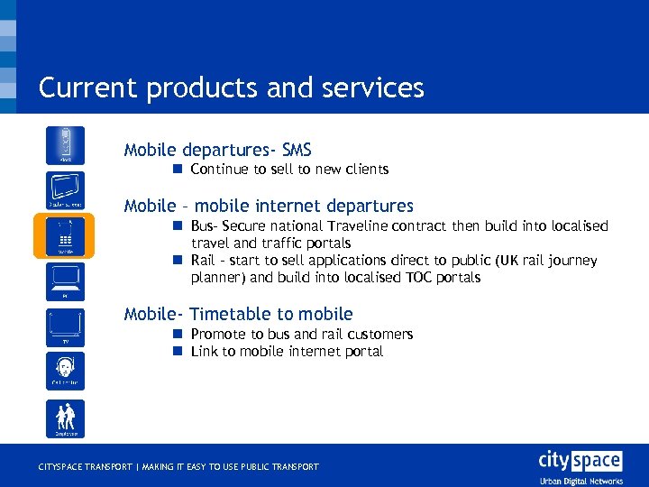 Current products and services o Mobile departures- SMS n Continue to sell to new