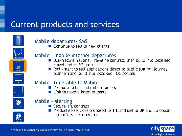 Current products and services o Mobile departures- SMS n Continue to sell to new