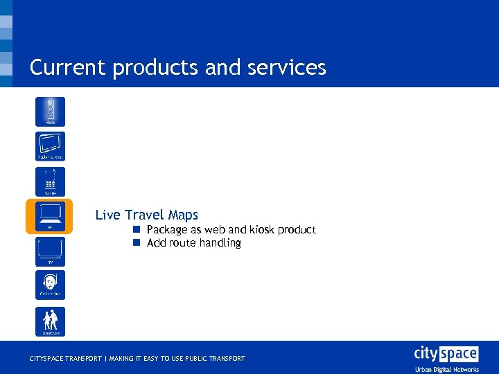 Current products and services o Live Travel Maps n Package as web and kiosk