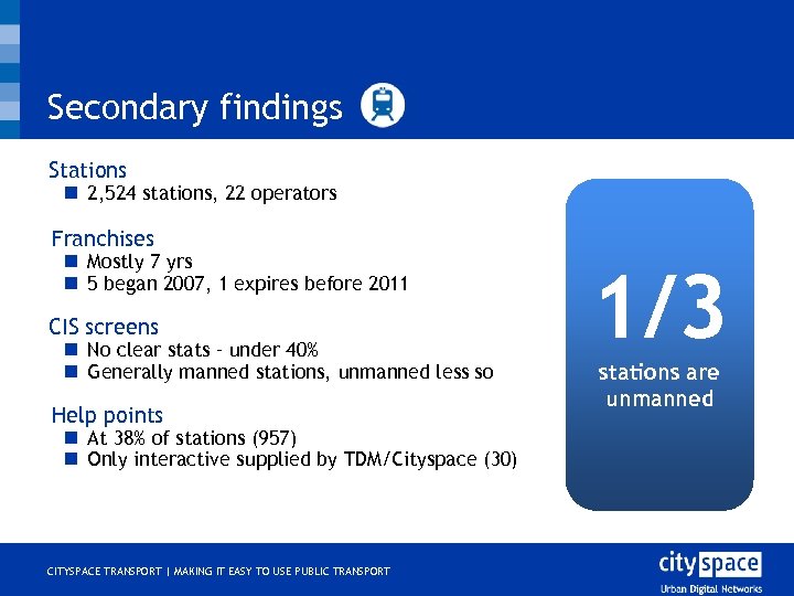 Secondary findings Stations n 2, 524 stations, 22 operators o Franchises n Mostly 7