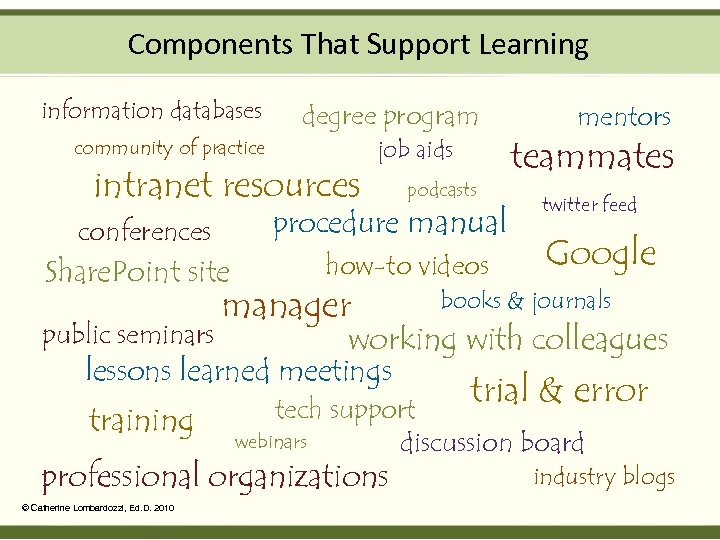 Components That Support Learning information databases degree program community of practice intranet resources Share.