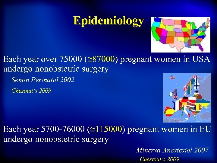Epidemiology Each year over 75000 ( 87000) pregnant women in USA undergo nonobstetric surgery