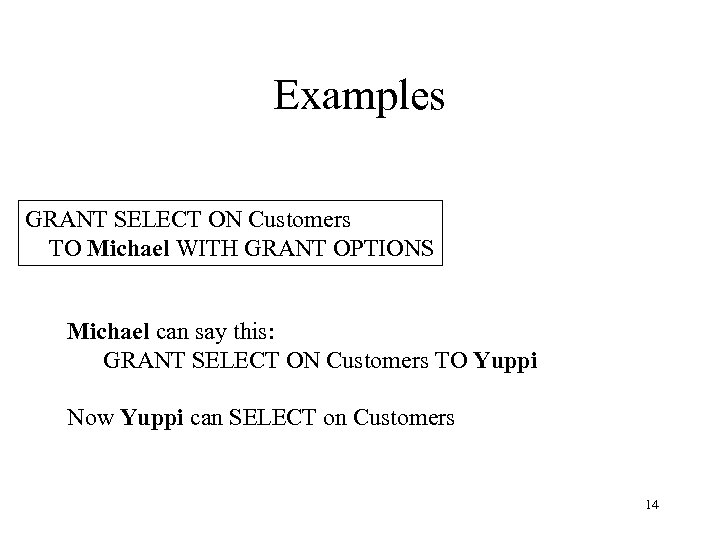 Examples GRANT SELECT ON Customers TO Michael WITH GRANT OPTIONS Michael can say this: