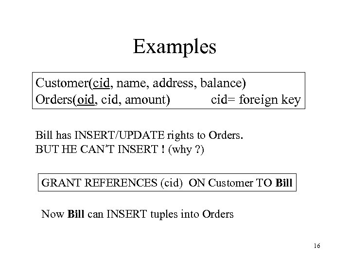 Examples Customer(cid, name, address, balance) Orders(oid, cid, amount) cid= foreign key Bill has INSERT/UPDATE