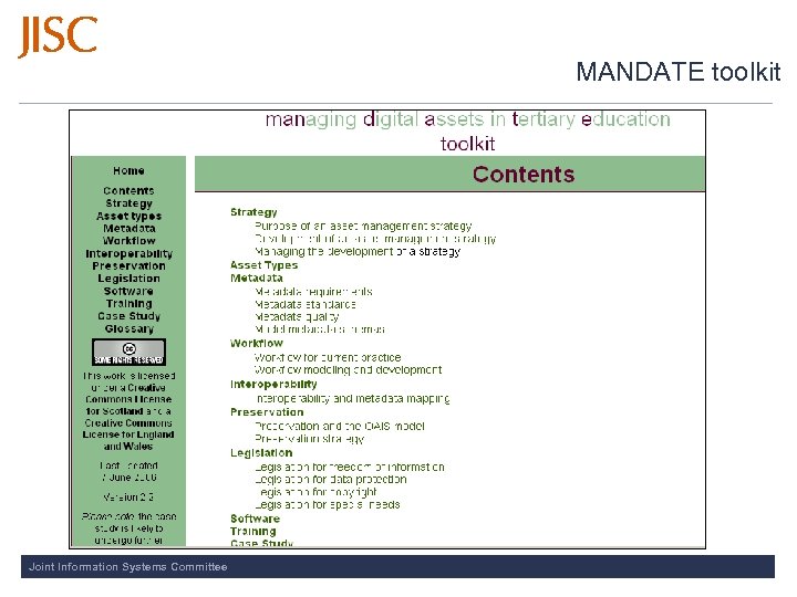 MANDATE toolkit Joint Information Systems Committee 