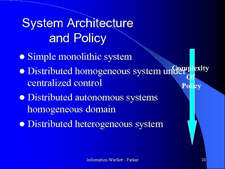 System Architecture and Policy l Simple monolithic system Complexity l Distributed homogeneous system under