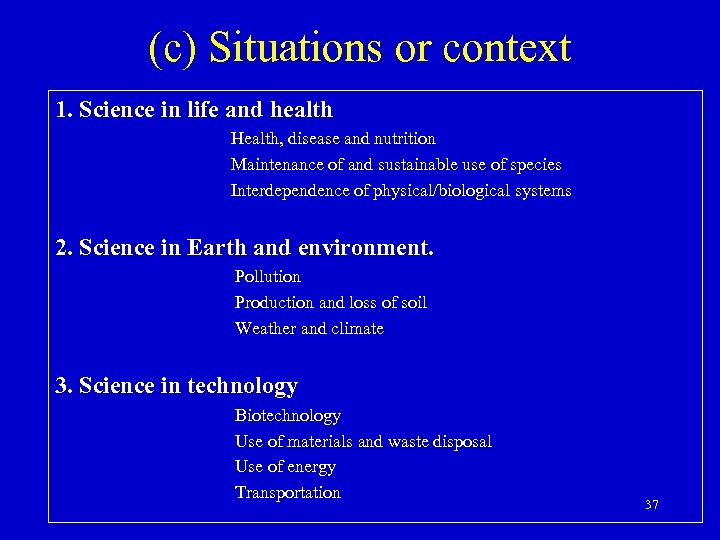 (c) Situations or context 1. Science in life and health Health, disease and nutrition