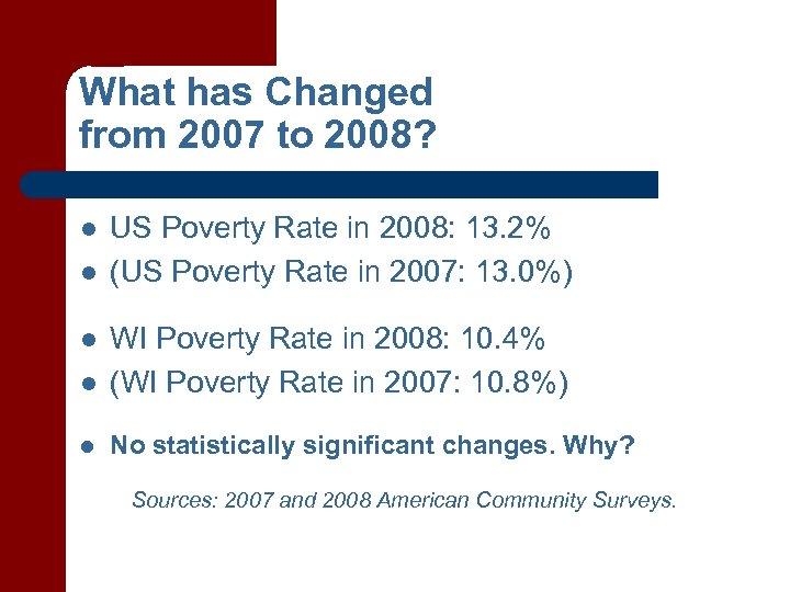 What has Changed from 2007 to 2008? l l US Poverty Rate in 2008: