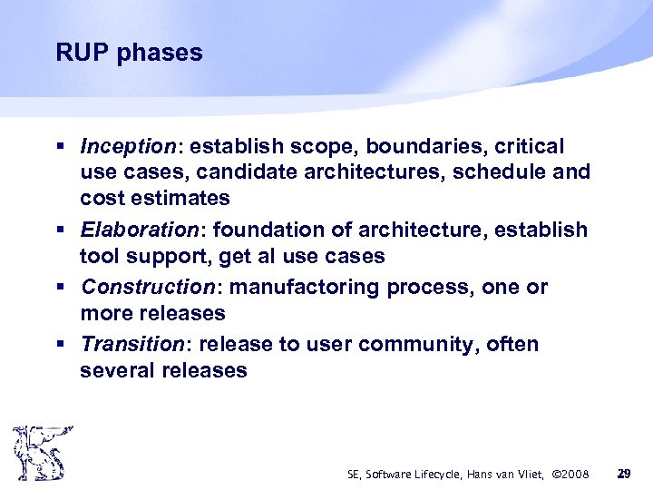 RUP phases § Inception: establish scope, boundaries, critical use cases, candidate architectures, schedule and