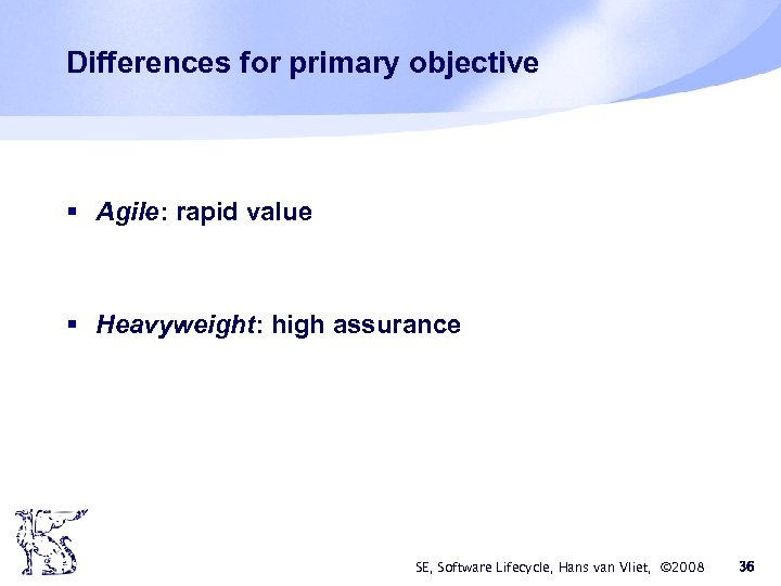 Differences for primary objective § Agile: rapid value § Heavyweight: high assurance SE, Software