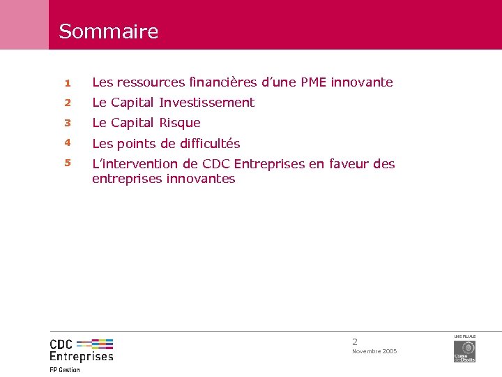 Sommaire 1 Les ressources financières d’une PME innovante 2 Le Capital Investissement 3 Le