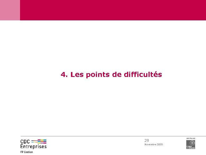 4. Les points de difficultés 29 Novembre 2005 UNE FILIALE 
