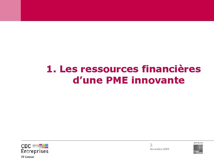 1. Les ressources financières d’une PME innovante 3 Novembre 2005 UNE FILIALE 