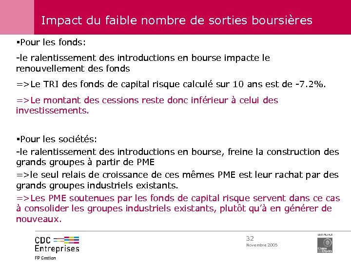 Impact du faible nombre de sorties boursières §Pour les fonds: -le ralentissement des introductions
