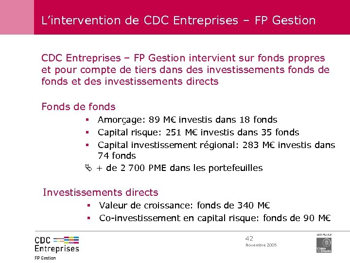 L’intervention de CDC Entreprises – FP Gestion intervient sur fonds propres et pour compte