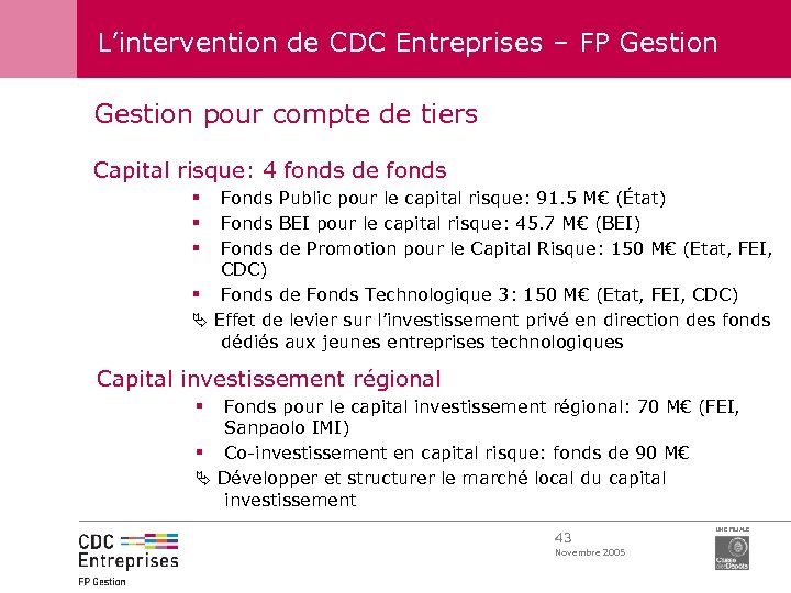L’intervention de CDC Entreprises – FP Gestion pour compte de tiers Capital risque: 4