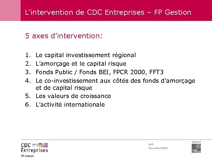 L’intervention de CDC Entreprises – FP Gestion 5 axes d’intervention: 1. 2. 3. 4.