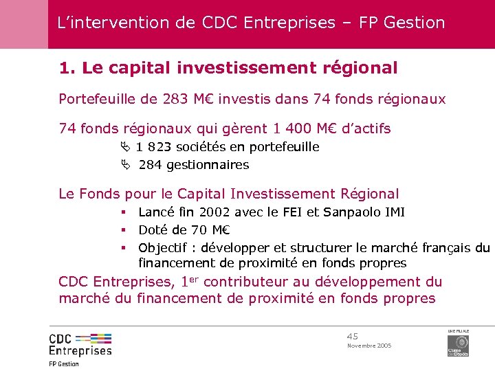 L’intervention de CDC Entreprises – FP Gestion 1. Le capital investissement régional Portefeuille de