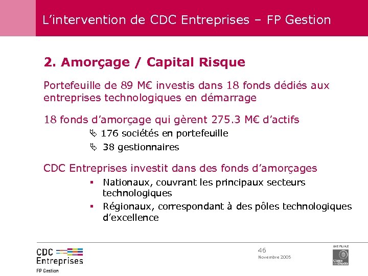 L’intervention de CDC Entreprises – FP Gestion 2. Amorçage / Capital Risque Portefeuille de
