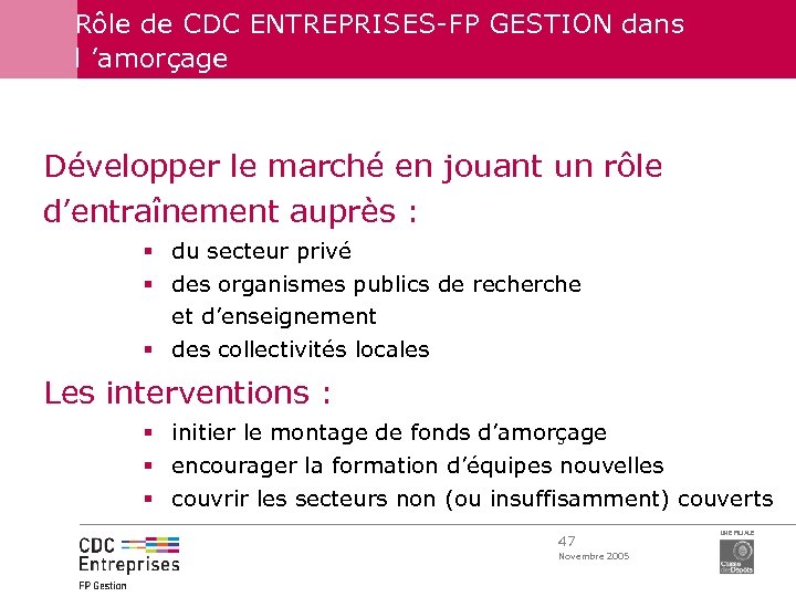 Rôle de CDC ENTREPRISES-FP GESTION dans l ’amorçage Développer le marché en jouant un