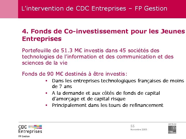 L’intervention de CDC Entreprises – FP Gestion 4. Fonds de Co-investissement pour les Jeunes