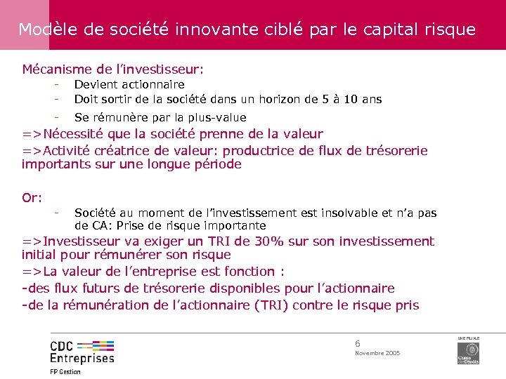 Modèle de société innovante ciblé par le capital risque Mécanisme de l’investisseur: - Devient