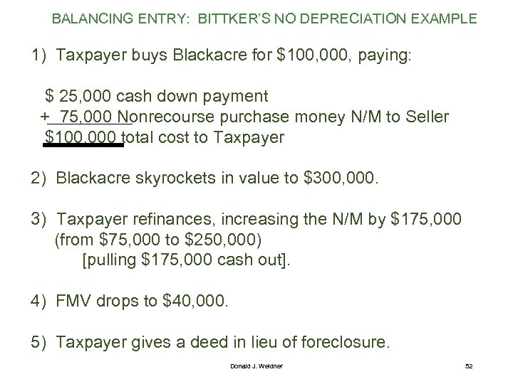 BALANCING ENTRY: BITTKER’S NO DEPRECIATION EXAMPLE 1) Taxpayer buys Blackacre for $100, 000, paying: