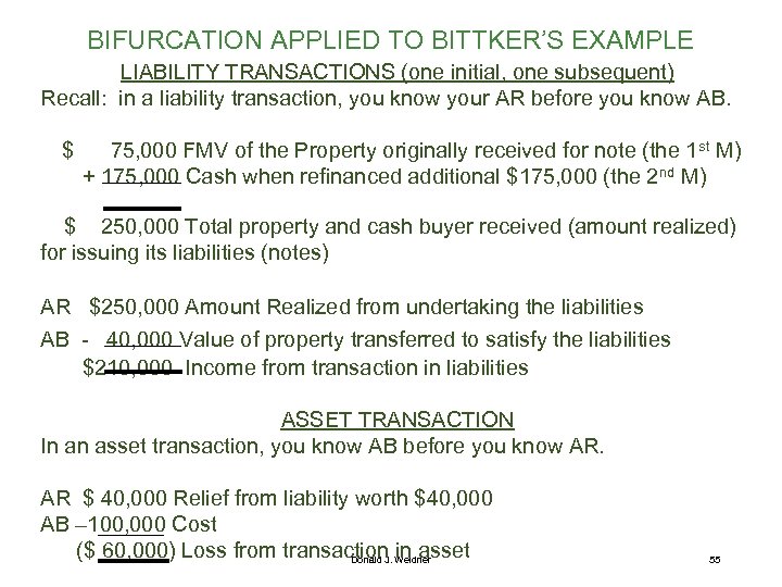 BIFURCATION APPLIED TO BITTKER’S EXAMPLE LIABILITY TRANSACTIONS (one initial, one subsequent) Recall: in a