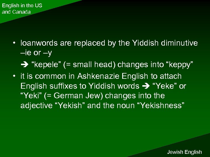 English in the US and Canada • loanwords are replaced by the Yiddish diminutive