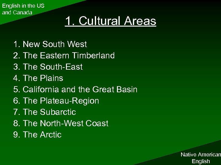 English in the US and Canada 1. Cultural Areas 1. New South West 2.