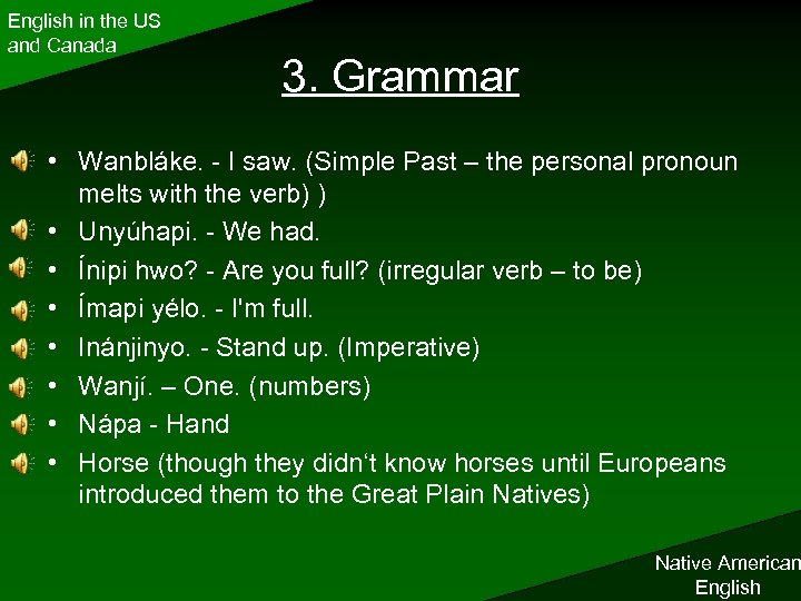 English in the US and Canada 3. Grammar • Wanbláke. - I saw. (Simple