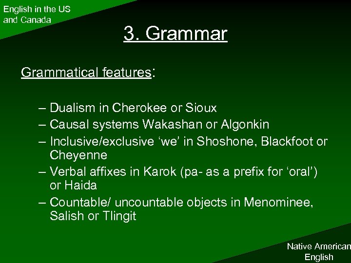 English in the US and Canada 3. Grammar Grammatical features: – Dualism in Cherokee