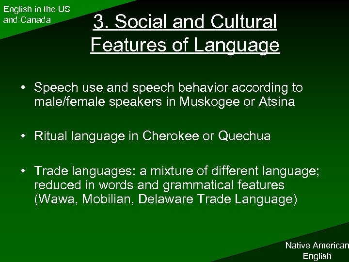 English in the US and Canada 3. Social and Cultural Features of Language •