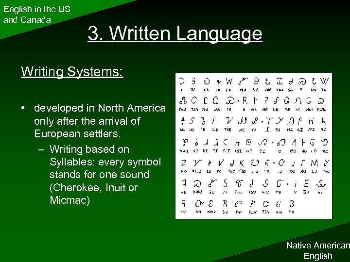 English in the US and Canada 3. Written Language Writing Systems: • developed in