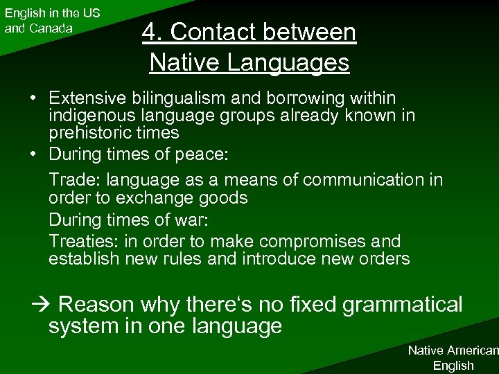 English in the US and Canada 4. Contact between Native Languages • Extensive bilingualism