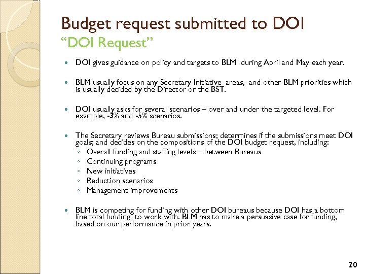 Budget request submitted to DOI “DOI Request” DOI gives guidance on policy and targets