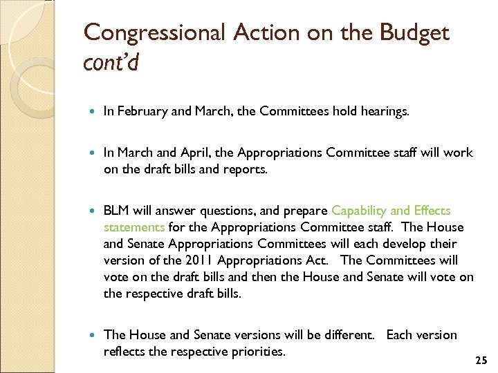 Congressional Action on the Budget cont’d In February and March, the Committees hold hearings.